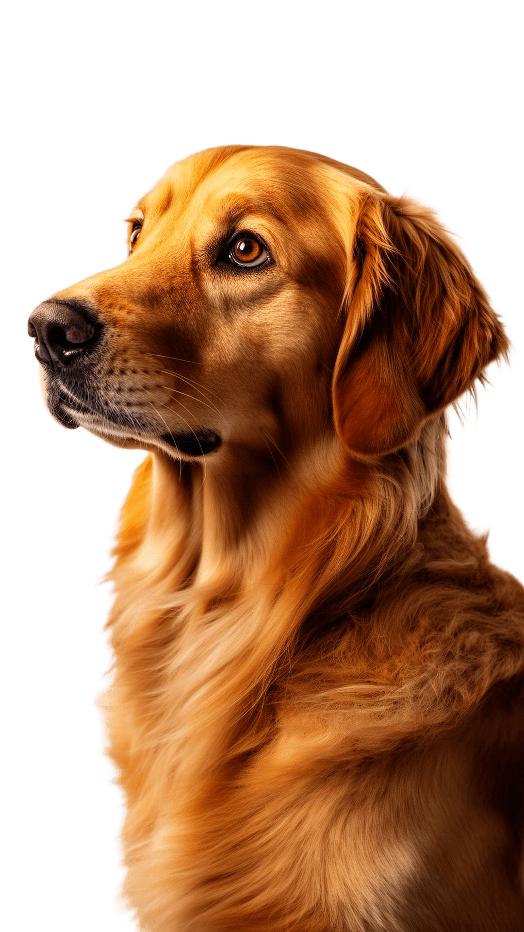 Editorial portrait of a golden retriever looking toward the headline
